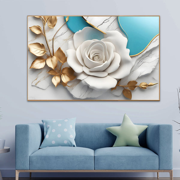 Aqua Bloom Elegance Framed Canvas Painting & Wall Decoration Item