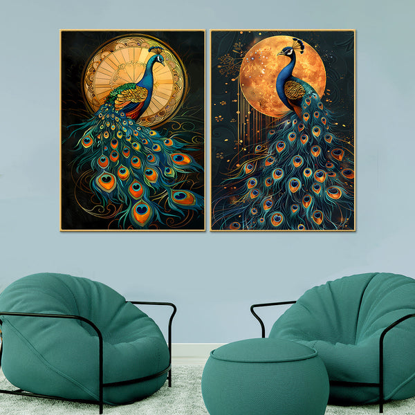 Sunlit and Moonlit Peacock Canvas Paintings - Set of 2