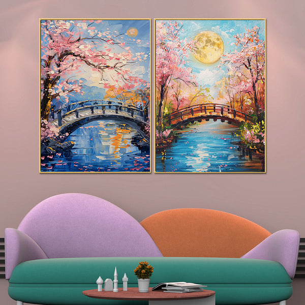Blossom Over the Bridge Canvas Paintings - Set of 2