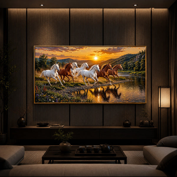 Seven Running Horses With Sunset Splash Modern Luxury Backlight Horizontal Wall Art