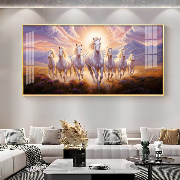 Seven White Running Horses Premium Acrylic Horizontal Wall Art