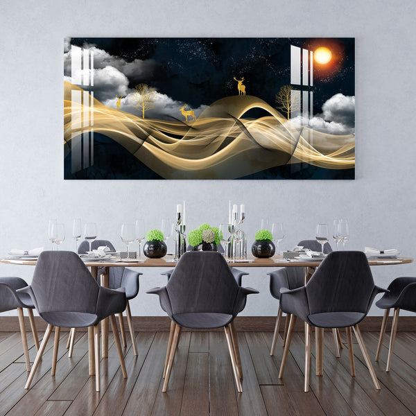 Luxury Golden Wave Landscape Deer Night Theme Premium Acrylic Wall Painting
