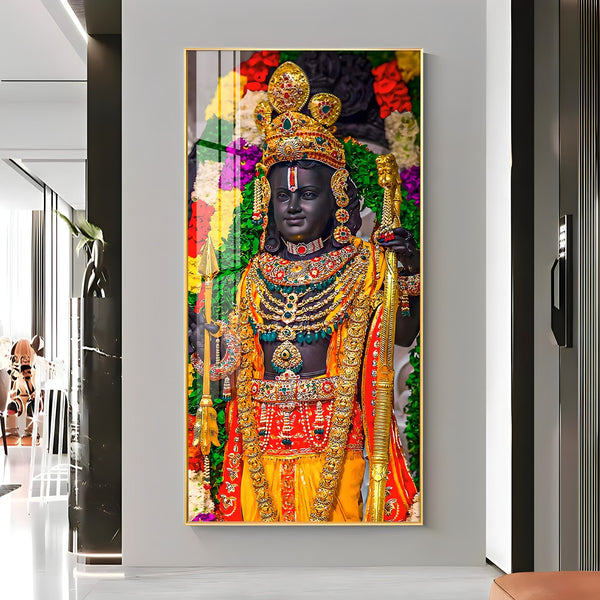 Divine Lord Ram Traditional Temple Style Acrylic Wall Painting with Rich Jewelry Details