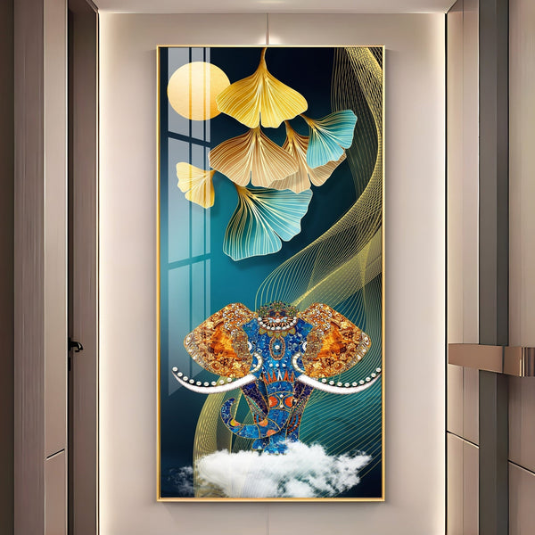 Luxury Elephant Head Art Acrylic Wall Painting with Gold and Blue Abstract Design