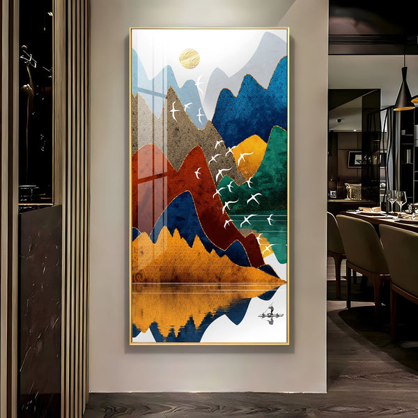 Artistic Nature Inspired Acrylic Wall Art with Multicolor Mountains, Birds and Lake Reflection