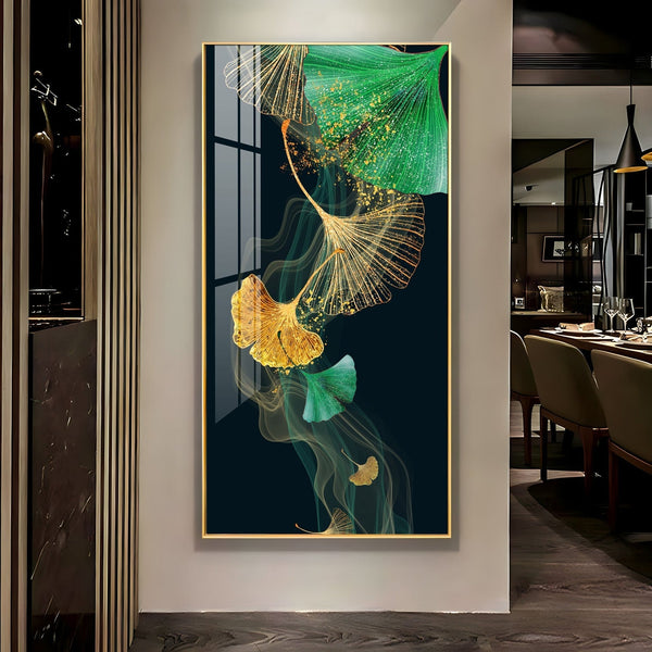 Premium golden and green leaf aesthetic acrylic wall painting for contemporary living room interiors