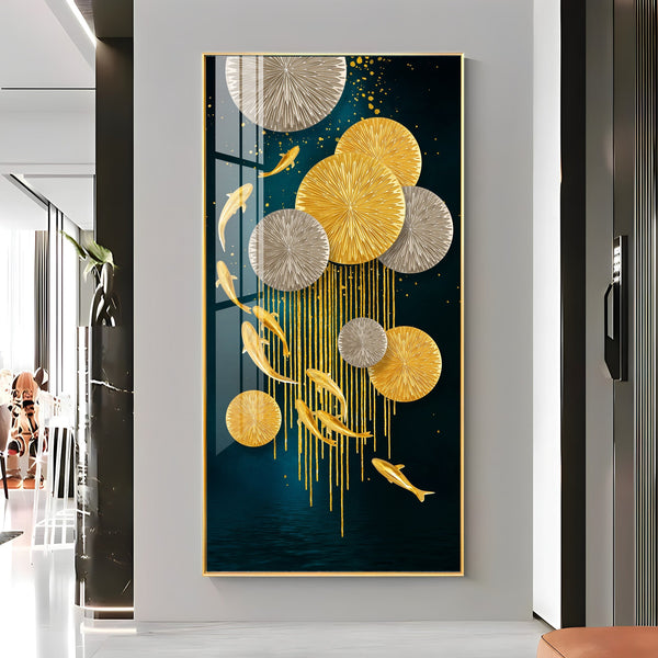 Abstract Gold Fish and Circles Acrylic Wall Painting for Elegant Home Decor
