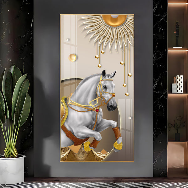 Royal White Horse Acrylic Wall Painting with Golden Sun Elegance