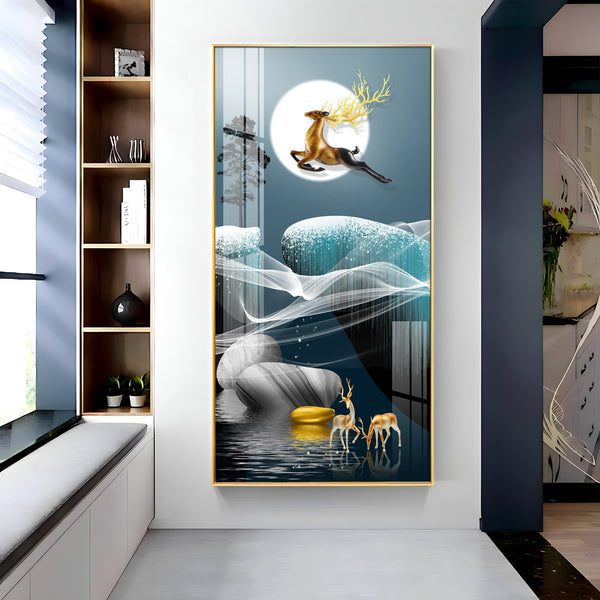 Elegant Golden Deer Acrylic Wall Painting with Moonlight Landscape