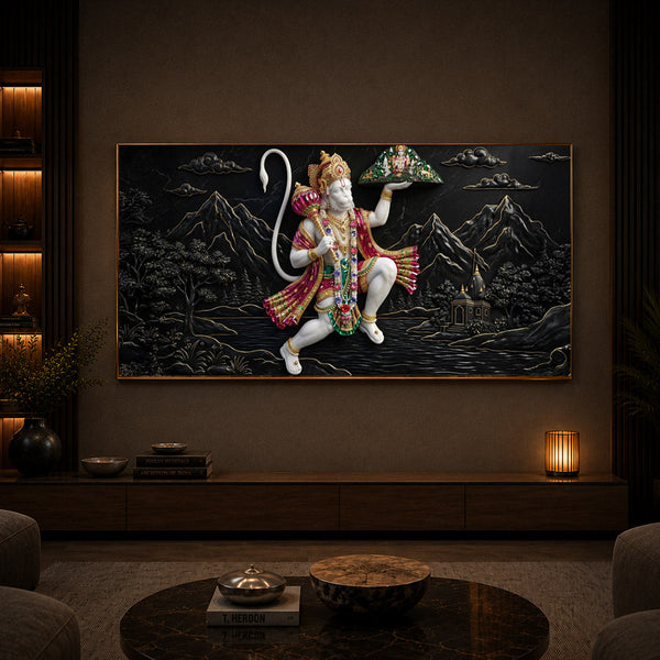Lord Hanuman Carrying Sanjeevani Mountain Modern Luxury Backlight Horizontal Wall Art