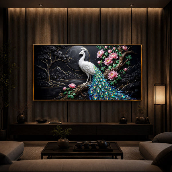 White Peacock With Flowers Modern Luxury Backlight Horizontal Wall Art