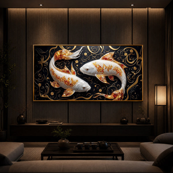 Two Golden Koi Fish Modern Luxury Backlight Horizontal Wall Art