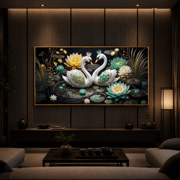 Pair Of White Swans Modern Luxury Backlight Horizontal Wall Art