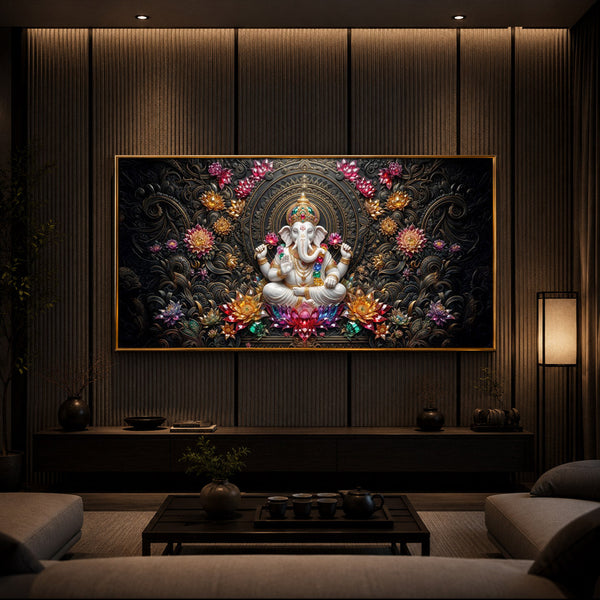 Lord Ganesha Blooming Lotuses Modern Luxury Backlight Horizontal Wall Art