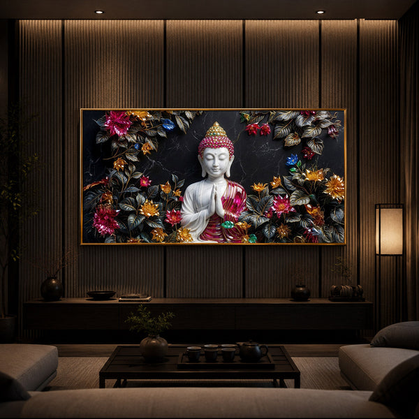 White Buddha With Pink Lotus Modern Luxury Backlight Horizontal Wall Art