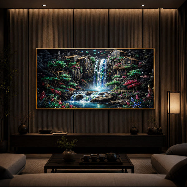 Lush Mountain Waterfall Modern Luxury Backlight Horizontal Wall Art