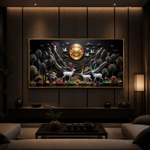 White Deer With Family Modern Luxury Backlight Horizontal Wall Art