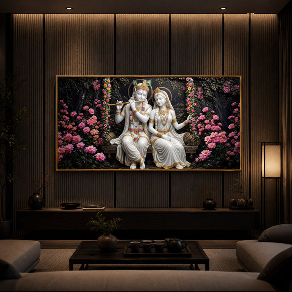Radha Krishna With Flower Modern Luxury Backlight Horizontal Wall Art