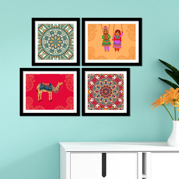 Mandala Pattern with Rajasthani Puppets & Camel 4 Pieces Wall Frame Hanging