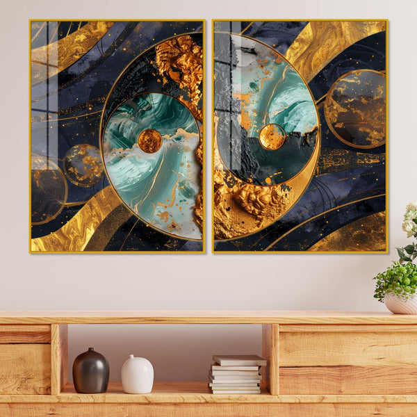 Beautiful Golden Abstract Acrylic Art Floating Wall Painting Set of 2