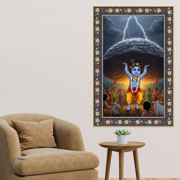 Krishna lifting Mount Govardhana Floral Border Vertical Wall Painting