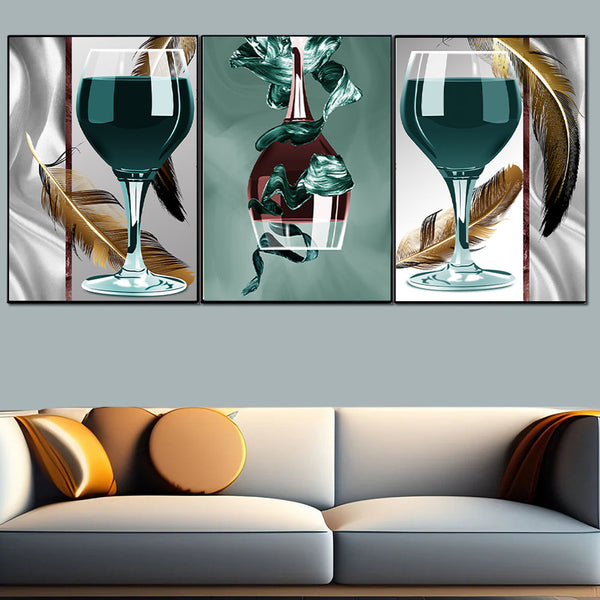 Wine and Feather Fusion Canvas Painting for Living Room - Set of 3