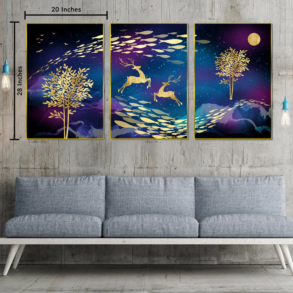 Mystical Moonlight Set of 3 Framed Canvas Wall painting Art
