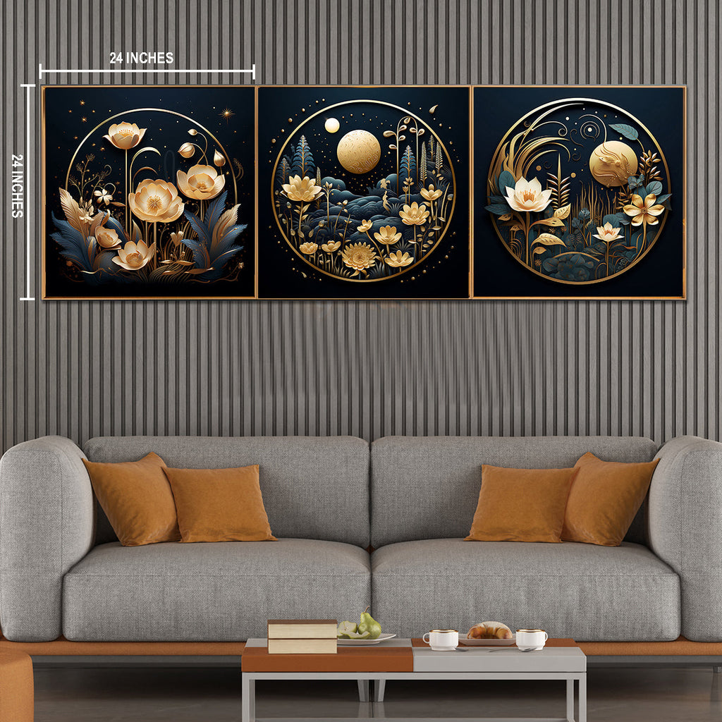 Floral Nightscapes Canvas painting for Home - Set Of 3