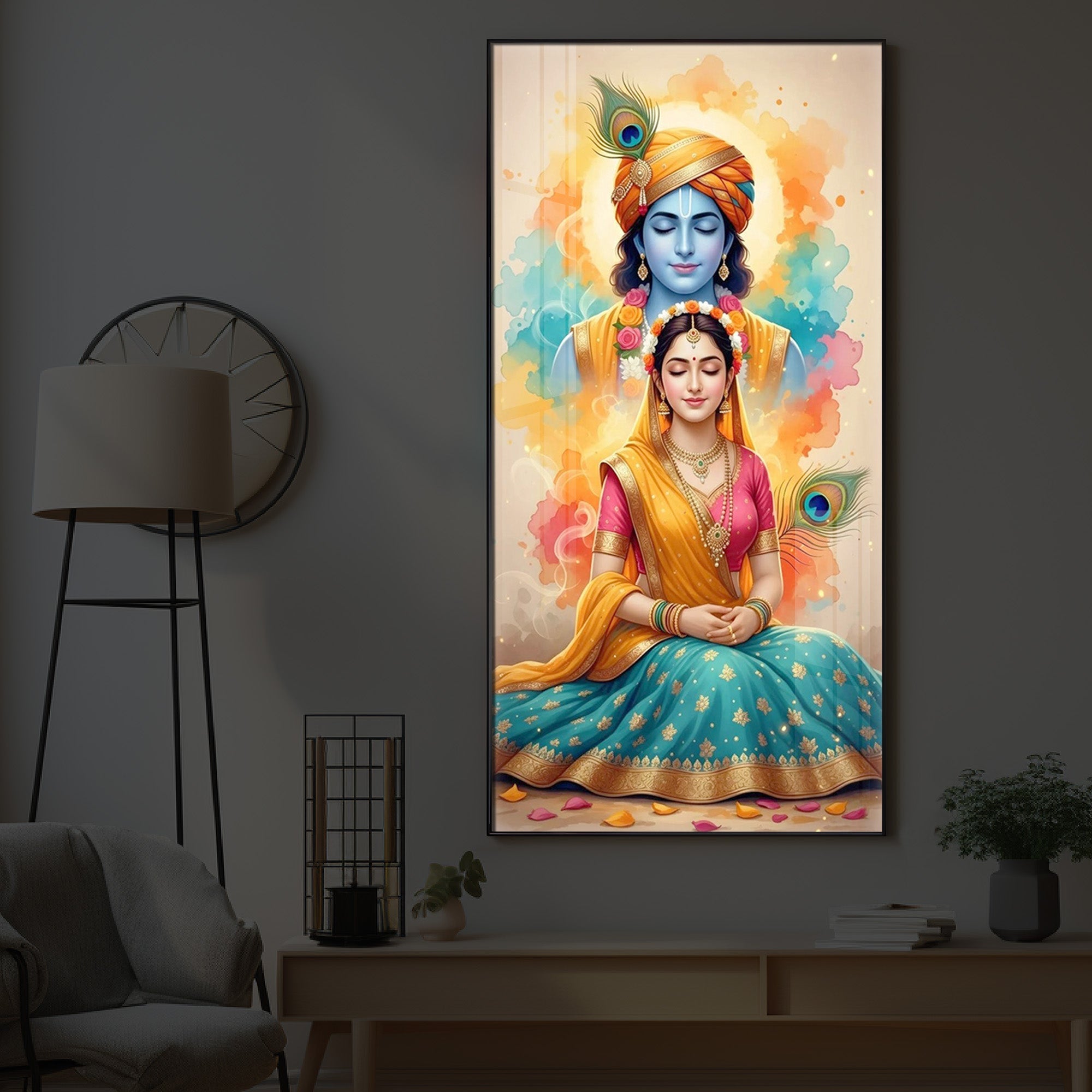 Radhe Krishna Modern Luxury Backlight Vertical Wall Art