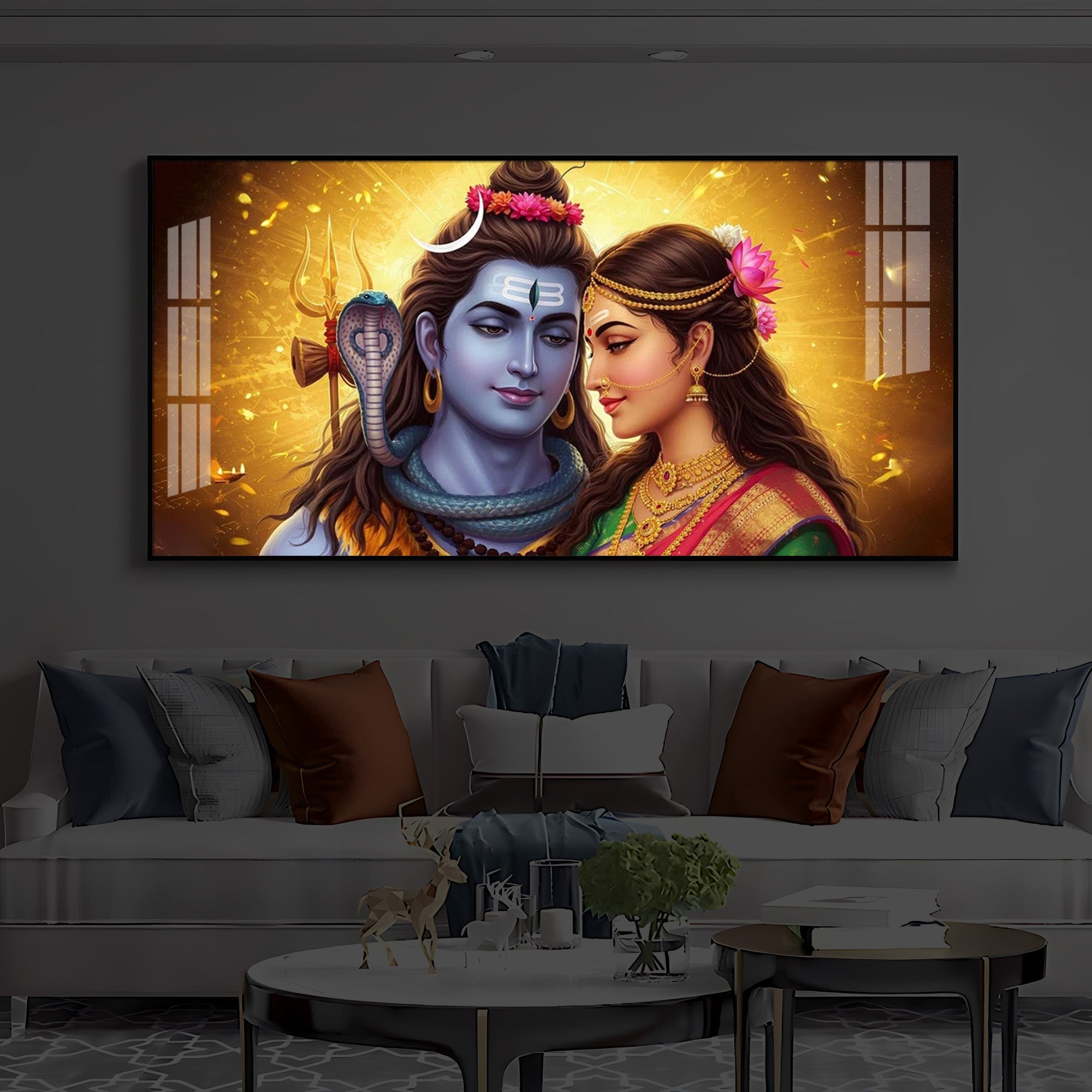 Shiv Parvati Modern Luxury Backlight Horizontal Wall Art