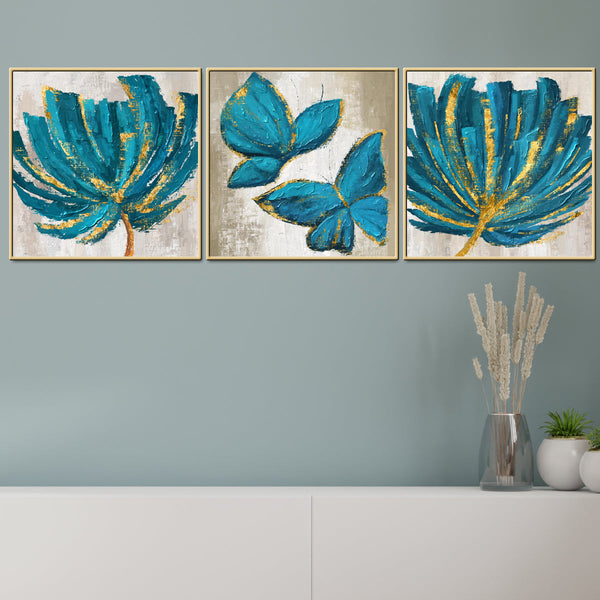 Lima Butterfly & Leaf Framed Canvas Wall painting Art - Set of 3