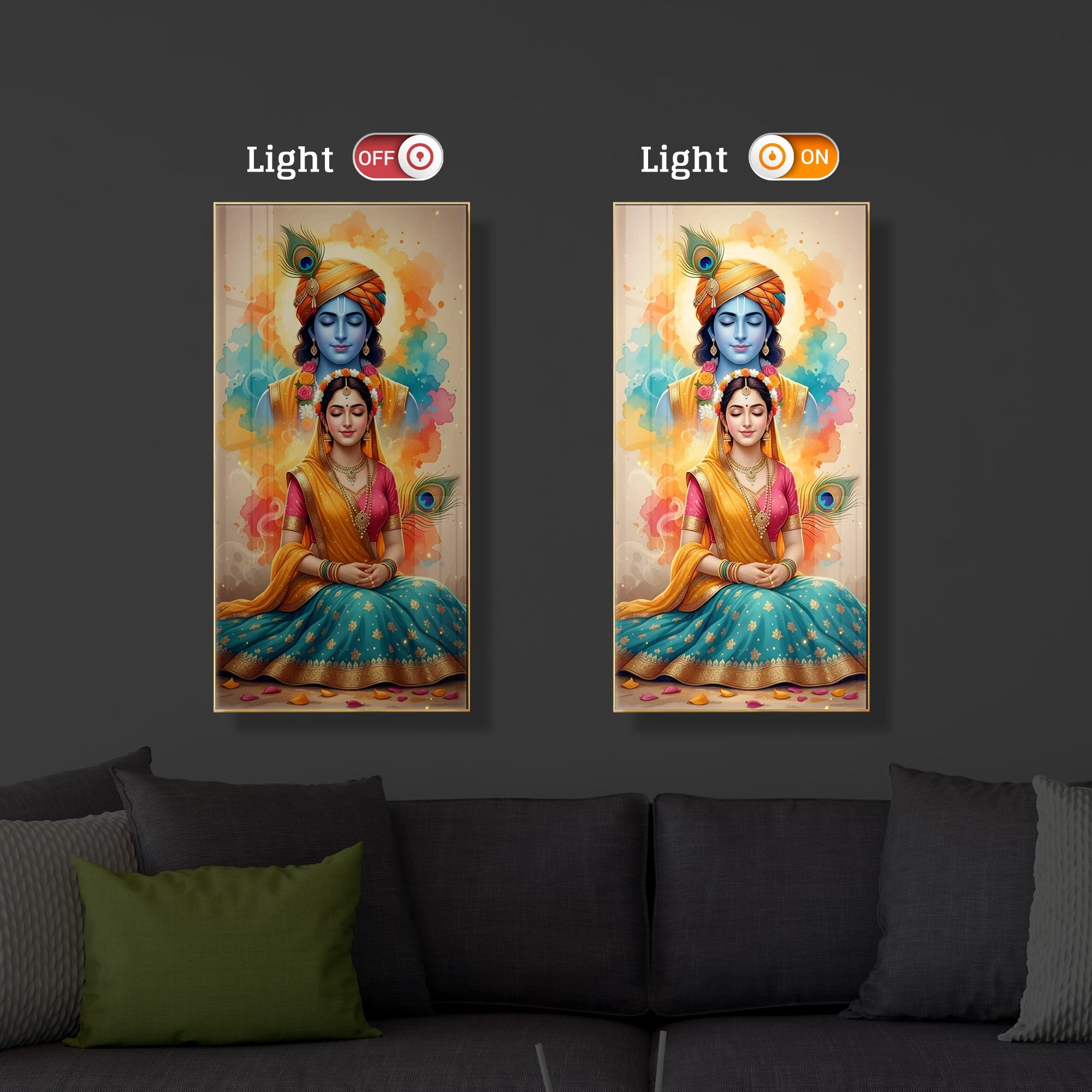 Radhe Krishna Modern Luxury Backlight Vertical Wall Art