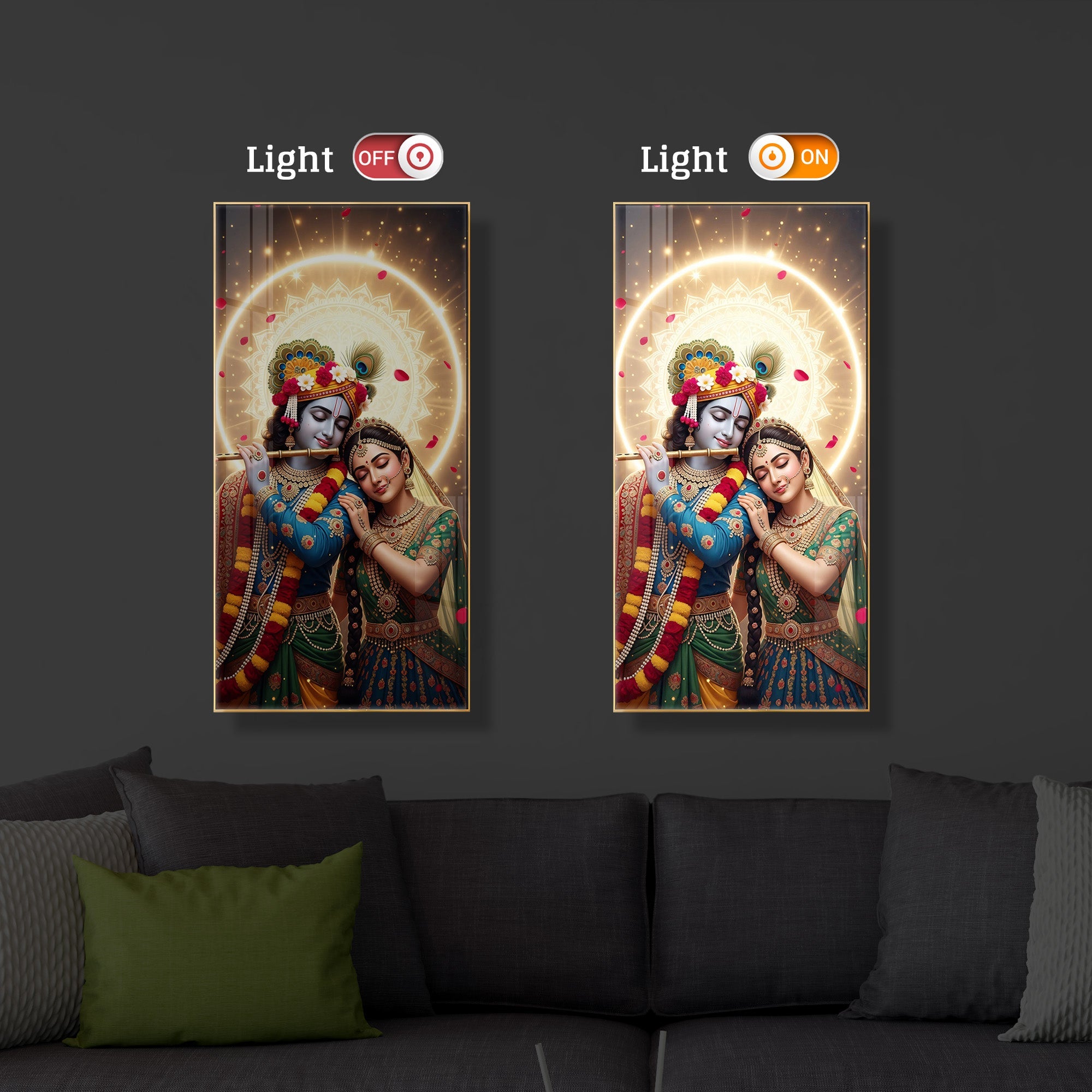 Couple Radhe Krishna Modern Luxury Backlight Vertical Wall Art