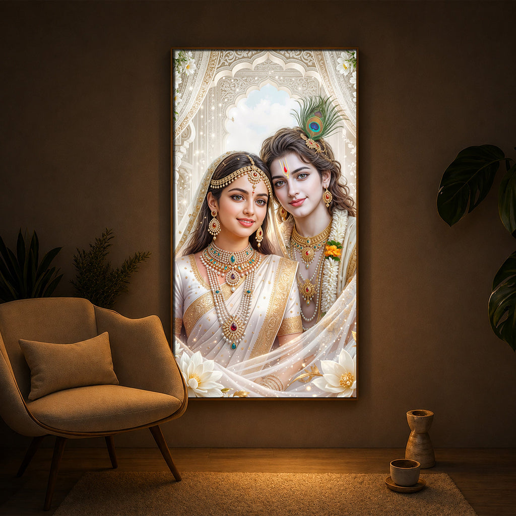 Mystical Love Of Radhe Krishn Modern Luxury Backlight Vertical Wall Art