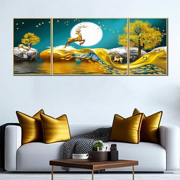 Mystical Moonlight Set of 3 Framed Canvas Wall Paintings for Home - Yellow