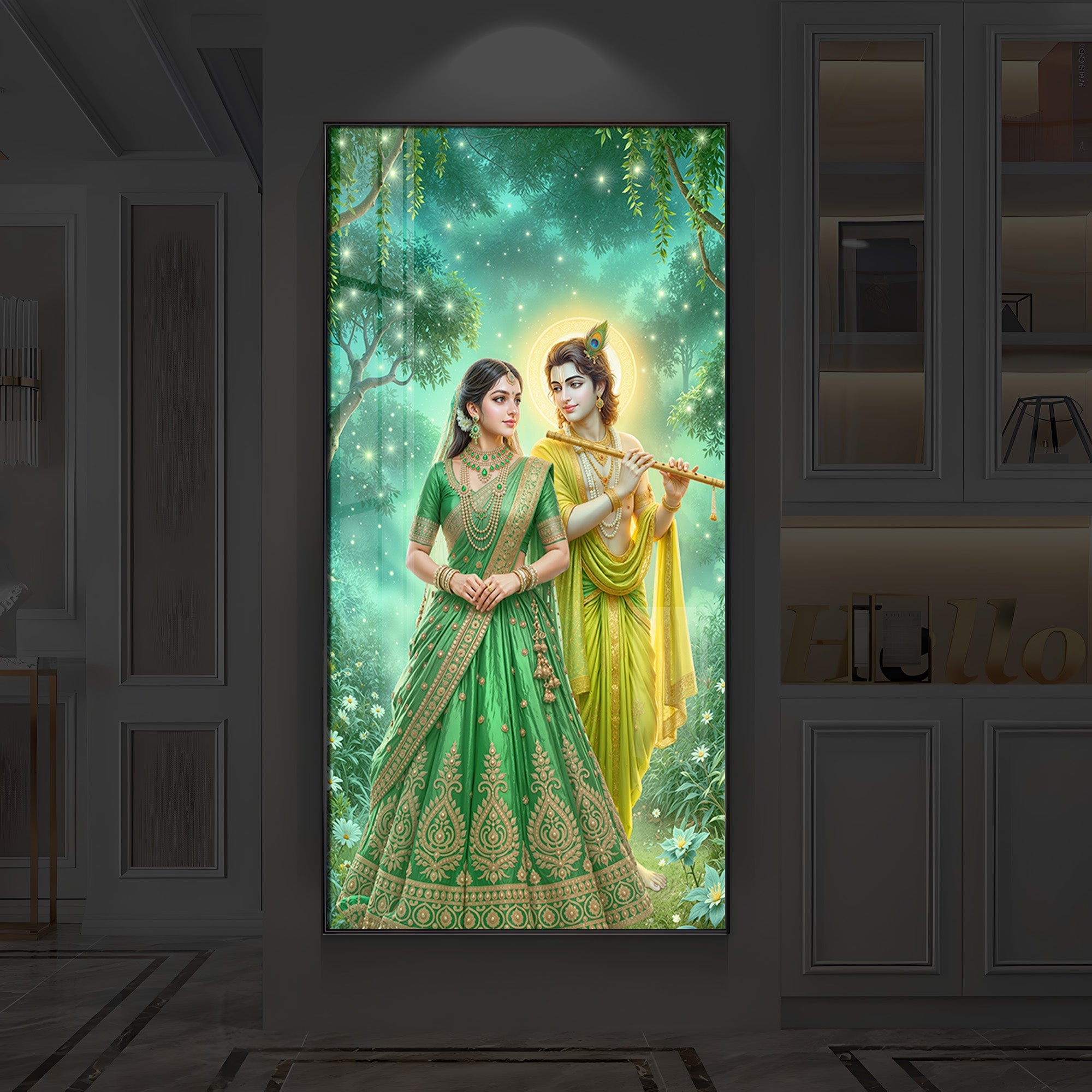 Shri Radhe Krishna Modern Luxury Backlight Vertical Wall Art