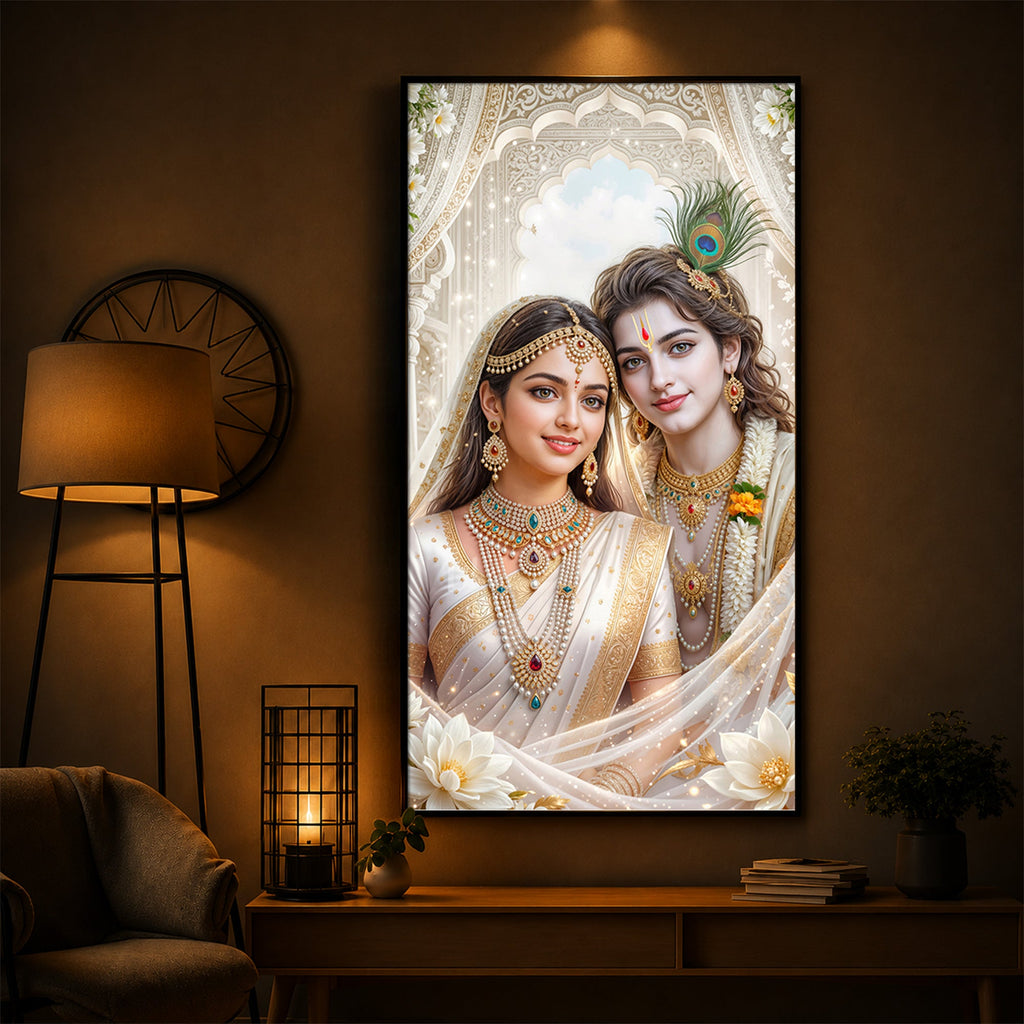 Mystical Love Of Radhe Krishn Modern Luxury Backlight Vertical Wall Art