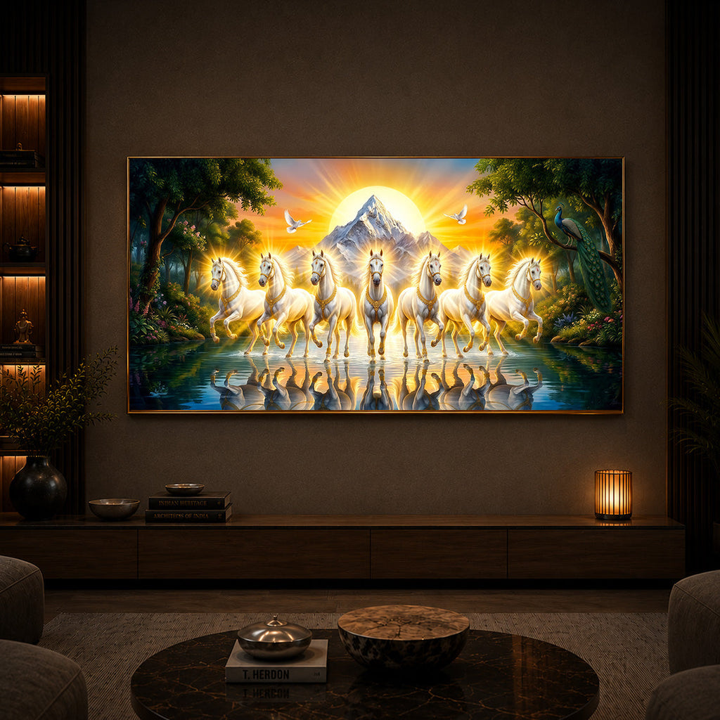 7 White Horses River Glloping Modern Luxury Backlight Horizontal Wall Art