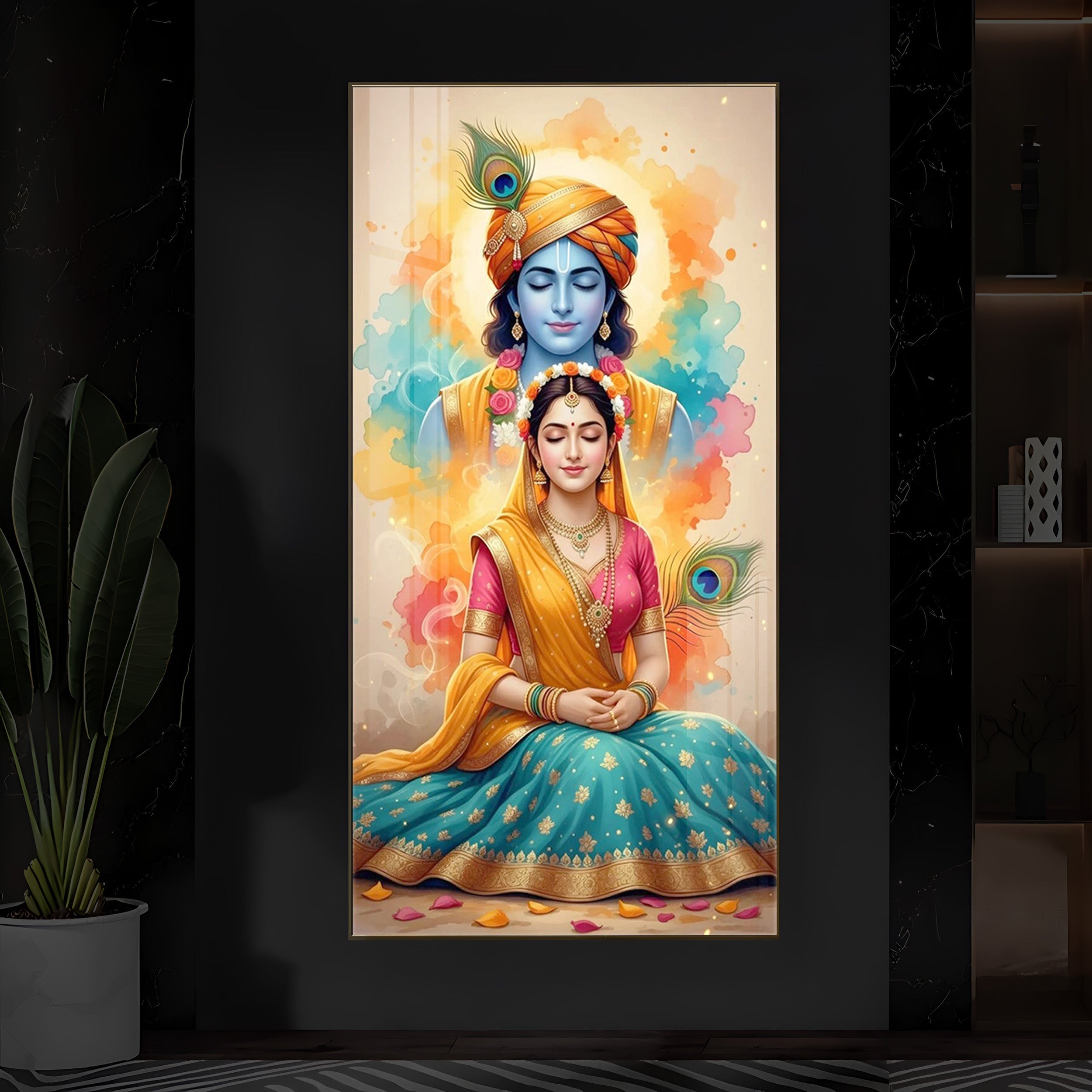 Radhe Krishna Modern Luxury Backlight Vertical Wall Art