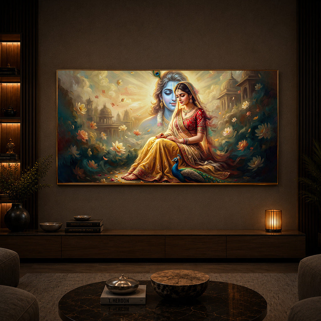 Loving Couple Radha Krishna Modern Luxury Backlight Horizontal Wall Art