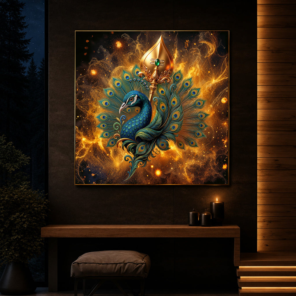 Lord Murugan’s Majestic Peacock Modern Luxury Backlight Square Wall Art
