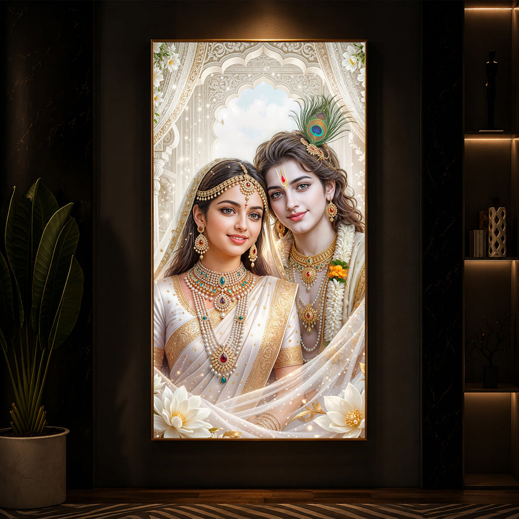 Mystical Love Of Radhe Krishn Modern Luxury Backlight Vertical Wall Art
