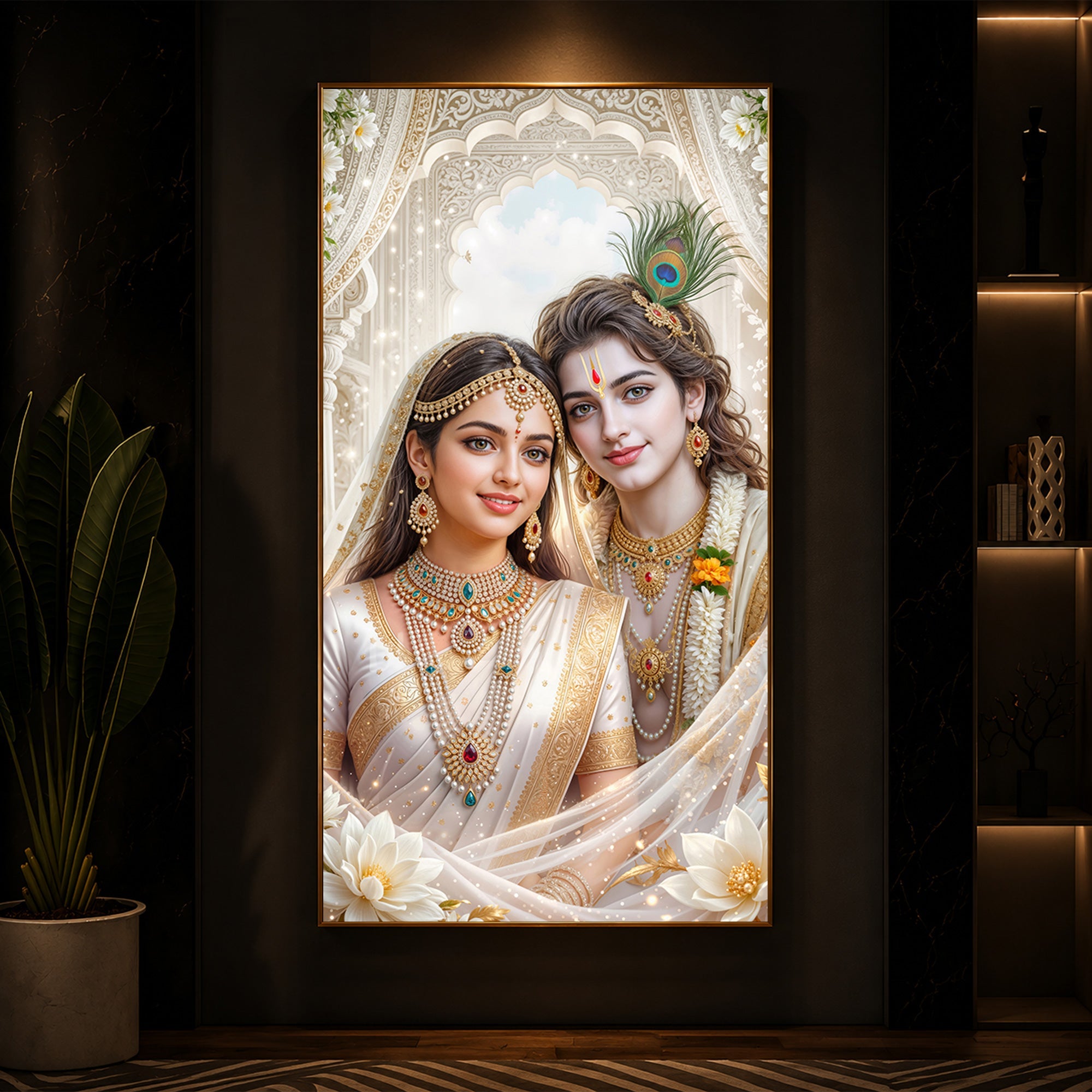 Mystical Love Of Radhe Krishn Modern Luxury Backlight Vertical Wall Art