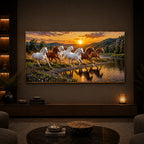 Seven Running Horses With Sunset Splash Modern Luxury Backlight Horizontal Wall Art