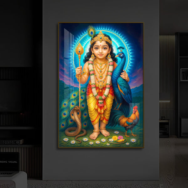 Lord Murugan Ji Modern Luxury Backlight Vertical Wall Art