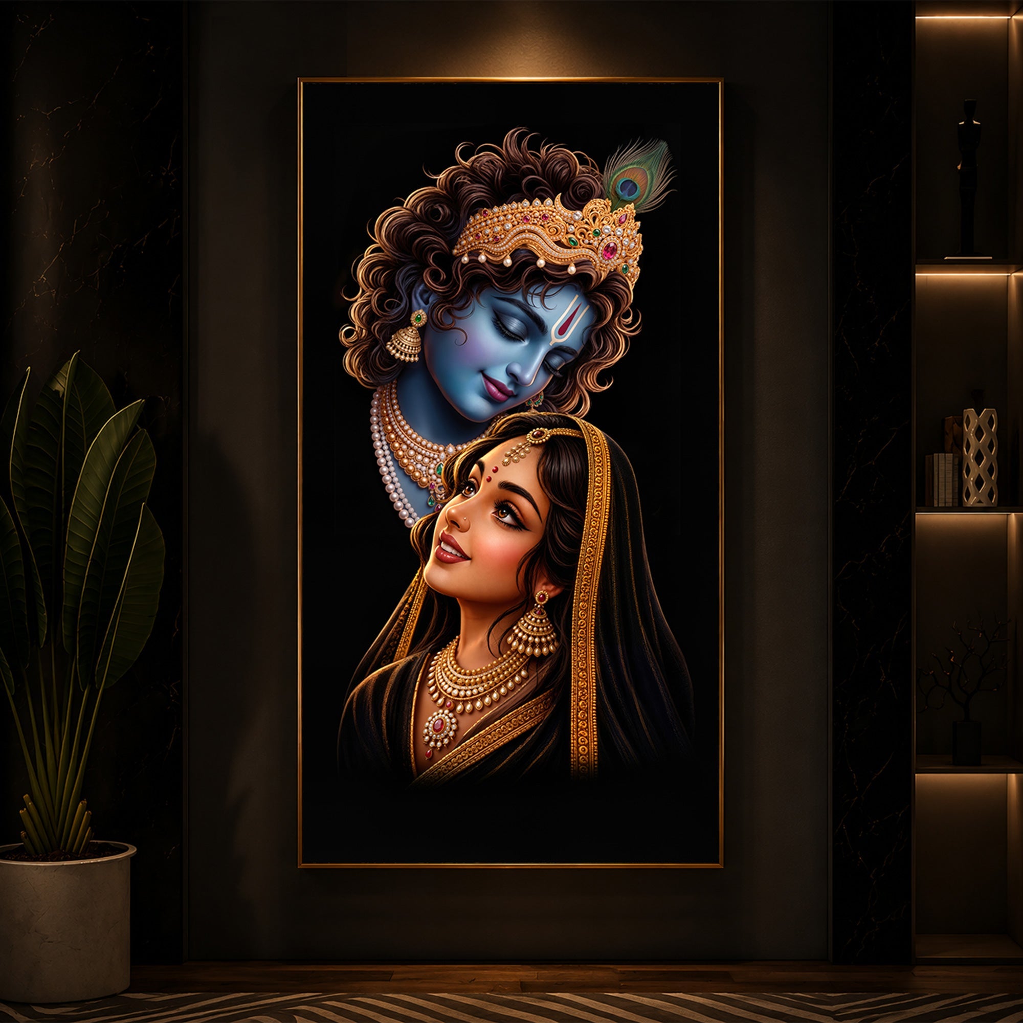 Hindu Deities Shri Radha Krishna Modern Luxury Backlight Vertical Wall Art