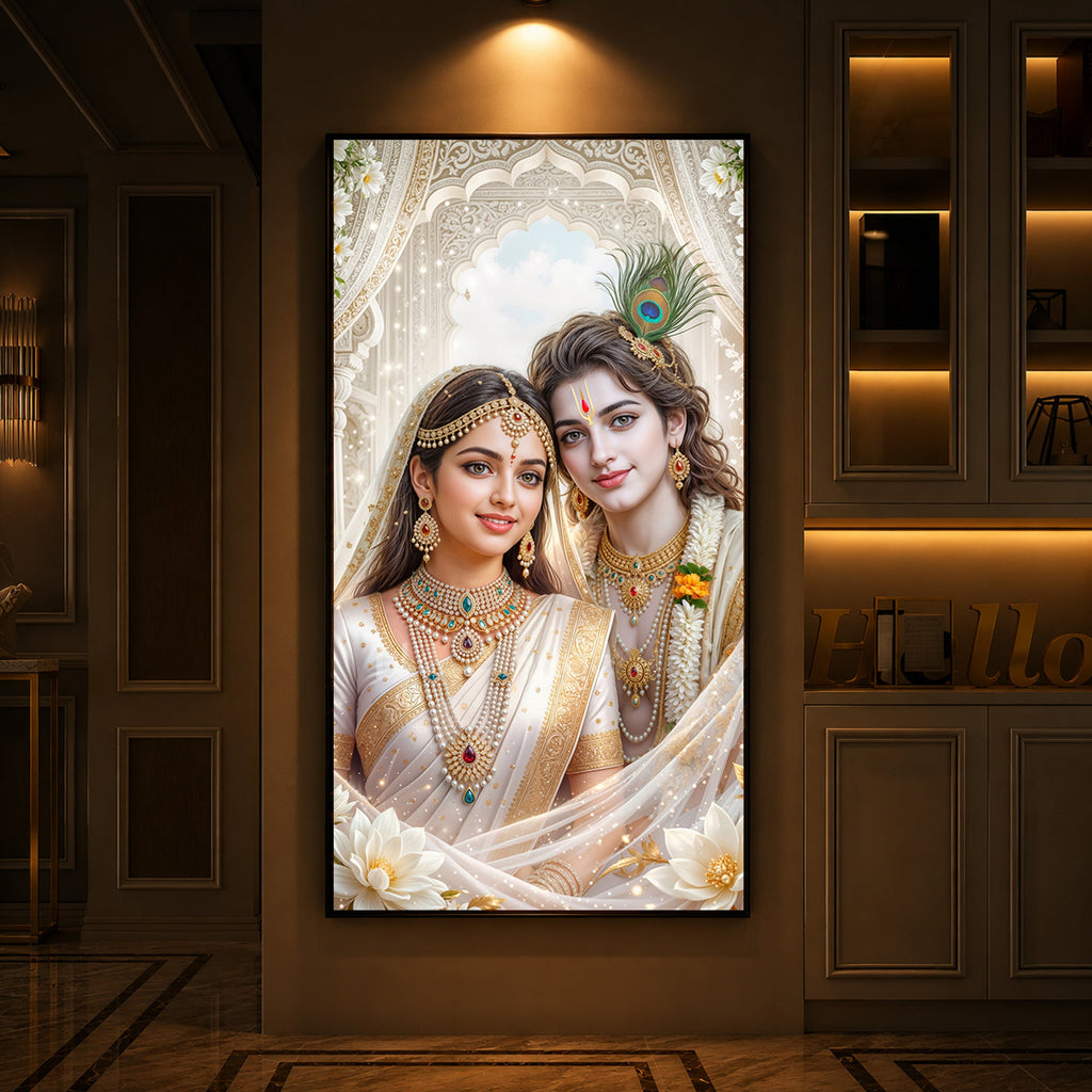 Mystical Love Of Radhe Krishn Modern Luxury Backlight Vertical Wall Art