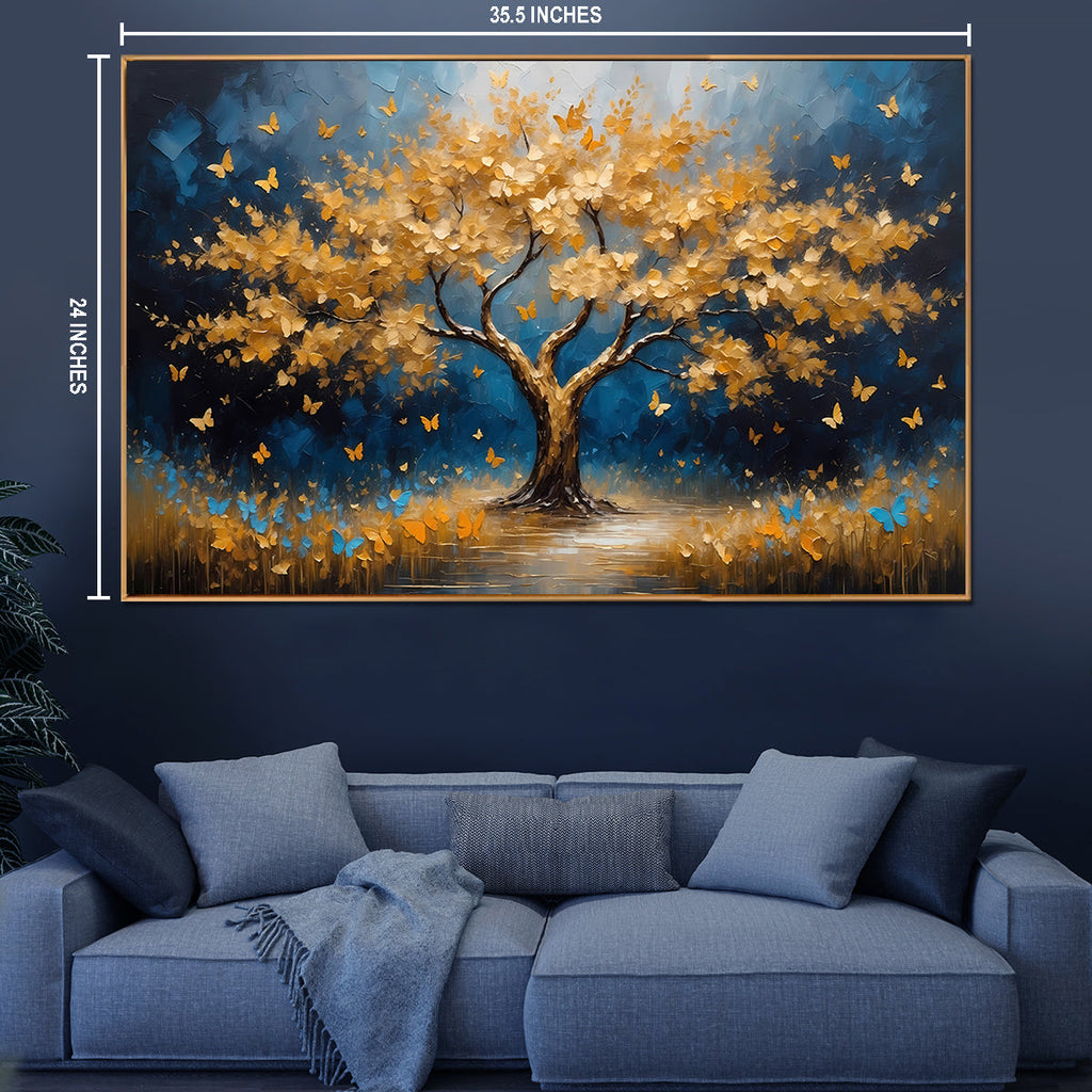 Golden Butterfly Tree Serenity Canvas Wall Paintings