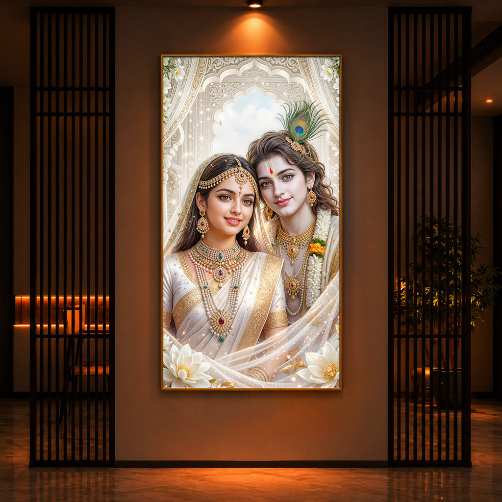 Mystical Love Of Radhe Krishn Modern Luxury Backlight Vertical Wall Art