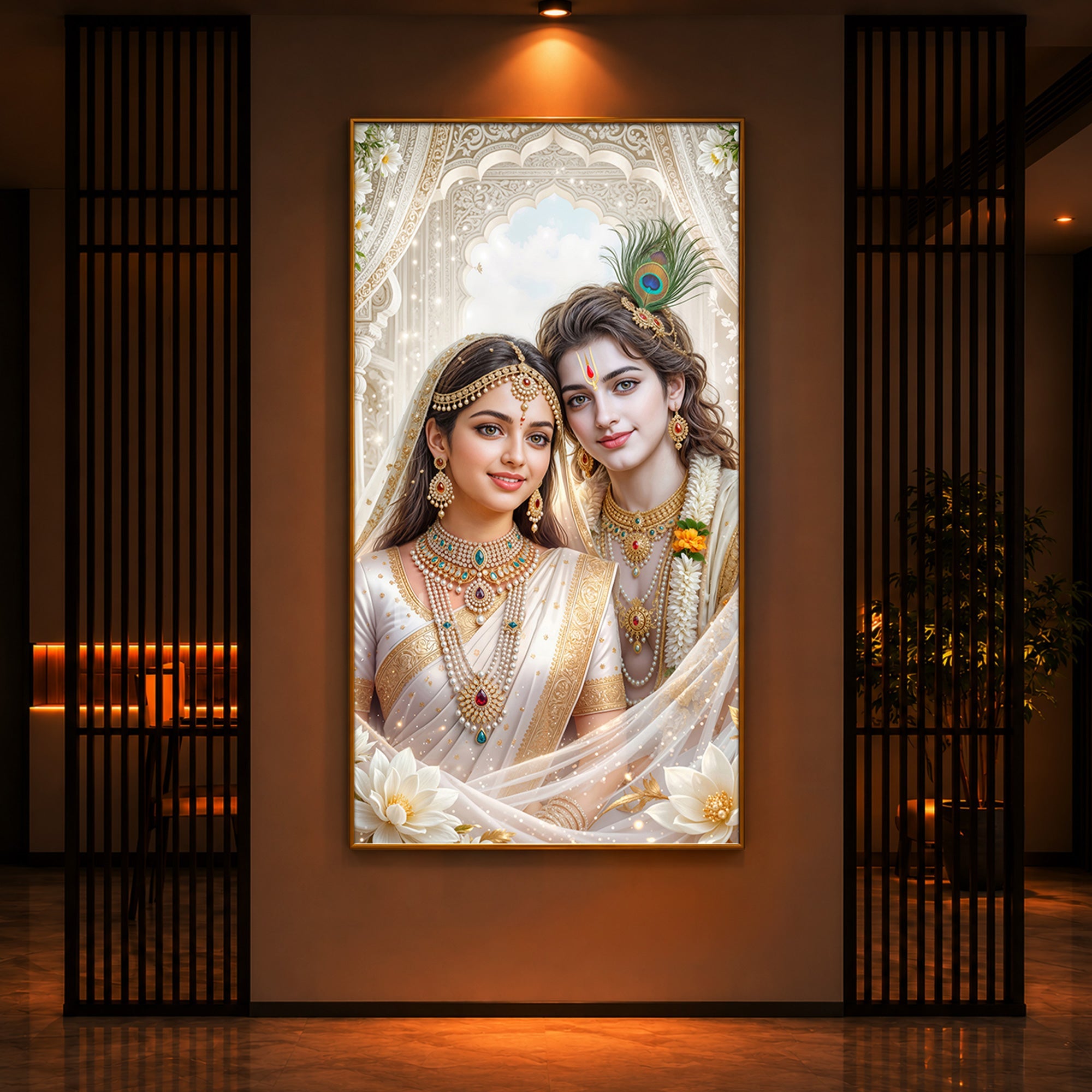 Mystical Love Of Radhe Krishn Modern Luxury Backlight Vertical Wall Art